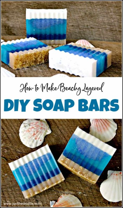 See how to make soap at home with these layered soap recipes. Soap making is fun and easy with these beach inspired DIY soap bars in pretty blue layers. #diysoapbars #howtomakesoap #soapmaking #homemadesoap #howtomakesoapathome #diysoap #makeyourownsoap #layeredsoap #essentialoilssoap Beach Soap, How To Make Soap, Homemade Bar, Diy Soap Bars, Savon Diy, Easy Soap Recipes, Diy Soap Recipe, Layered Soap, Săpunuri Handmade