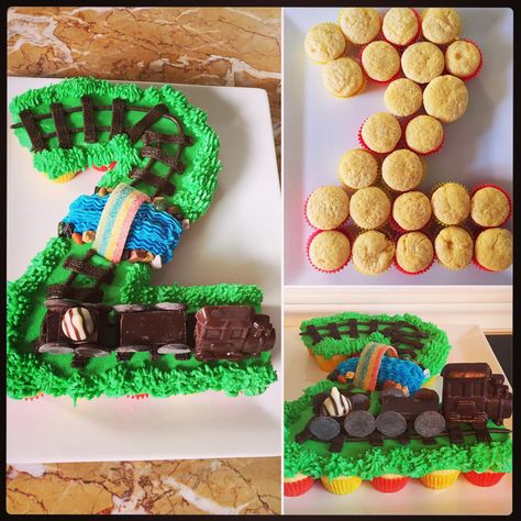 Number 2 Train Track Birthday Cake Number 2 Train Cake, Thomas The Train Cupcake Cake, 2 Pull Apart Cupcakes Number, 2 Cupcake Cake, Train Cupcakes, Transportation Birthday Party, Pull Apart Cupcake Cake, Transportation Birthday, Cupcake Birthday Party