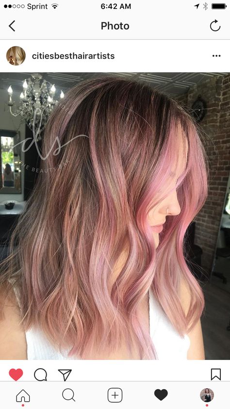 Light Pink Brunette Hair, Blonde Balayage Pink Peekaboo, Pastel Pink Hair Peekaboo, Brown Hair Pastel Pink Highlights, Blond And Pink Highlights On Brown Hair, Pink Baylage Hair Blonde, Bronde Balayage With Pink, Pink Light Brown Hair, Brown Hair With Pink And Blonde Highlights