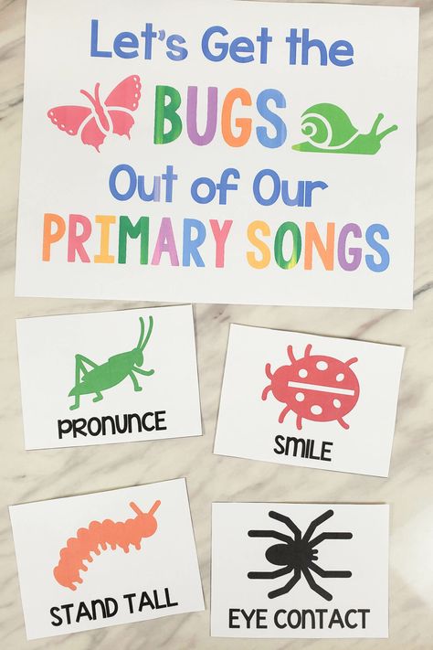 Let's Get the Bugs Out Primary Program progress song review tracker - work on fixing the problems in your songs and smash the bugs! Includes a variety of different illustrated bugs and 12 program bugs to work on for inspiration. Printable song helps for LDS Primary music leaders. Primary Program Song Review, Primary Song Review Games, Primary Secretary, Lds Object Lessons, Lds Primary Chorister Ideas, Lds Primary Songs, Lds Primary Singing Time, Primary Games, Primary Program