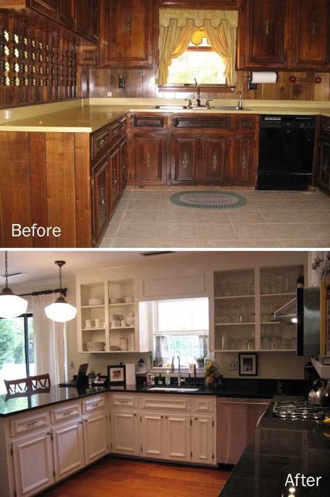 One look at this kitchen sends me back to the early 1980s, when I was a wee lad ambling about the kitchen in my parent's Indiana home. This kitchen reminds me a lot of my childhood kitchen, complete with dark wood paneling and yellow appliances. A lot has changed since the 80s… and now it's time for this kitchen to get with the times, too. Casa Country, After Pictures, Cooking Area, Kitchen Redo, Before And After Pictures, Kitchen Remodeling, Hammers, Updated Kitchen, Kitchen Remodel Idea