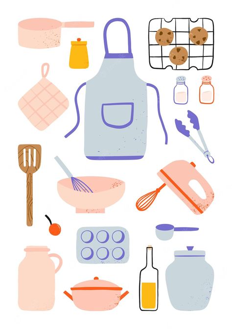 Premium Vector | Modern various cute kitchen cooking utensils and baking elements illustration Cooking Utensils Illustration, Kitchen Utensils Illustration, Kitchen Printables, Logo Design Inspiration Vintage, Cooking Design, 귀여운 음식 그림, Logo Design Inspiration Creative, Elements Illustration, Food Clipart