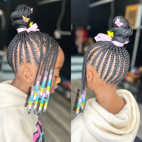 Braided Ponytail With Bangs For Kids, Top Knot Bun With Braids, Kids Braided Bun Hairstyles Black, Kids Braided Hairstyles Ponytail, Kids Weave Hairstyles, Braided Bun Hairstyles For Kids, Braid Ponytail For Black Kids, Kids Braided Ponytail Hairstyles, Kid Braided Ponytail