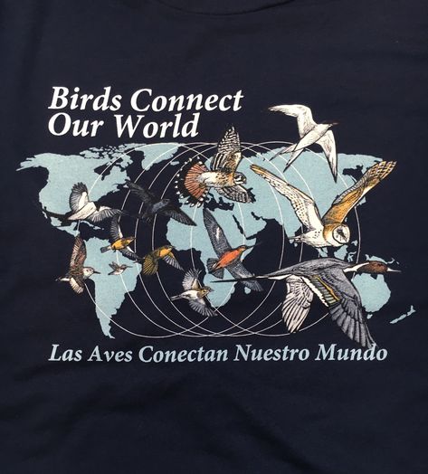 Artwork closeup of International Migratory Bird Day's new custom screen printed garments.  Las aves conectan nuestro mundo! Printed Garments, Migratory Birds, Custom Screen Printing, The Birds, Our World, T Shirt Design, Film Festival, New Day, Screen Printing