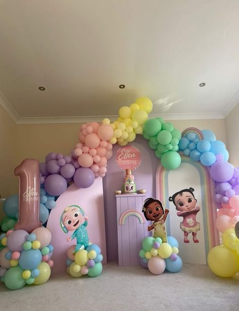 Cocomelon Birthday Party Ideas | Photo 1 of 7 | Catch My Party 1 Bday Decoration, 1st Birthday Party Ideas Cocomelon, Girl Baby Birthday Theme, Cocmelon Birthday Girl, Cocomelon 3rd Birthday Party Ideas, Theme Birthday Party Ideas Girl, Cocomelon Girl Birthday Party, Cocomelon Pastel Theme, Cocomelon Party Ideas For Girl 1st