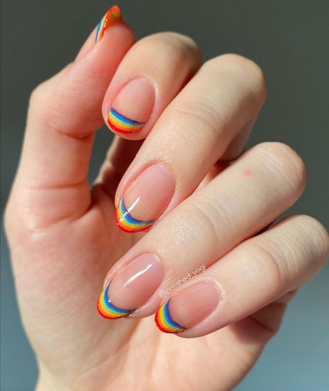 Pride Nails Almond, Simple Rainbow Nails, Rainbow French Tip Nails, Pride Month Nails, Rainbow Nail Art, Rainbow Nail, School Nails, Cute Summer Nails, Rainbow Nails