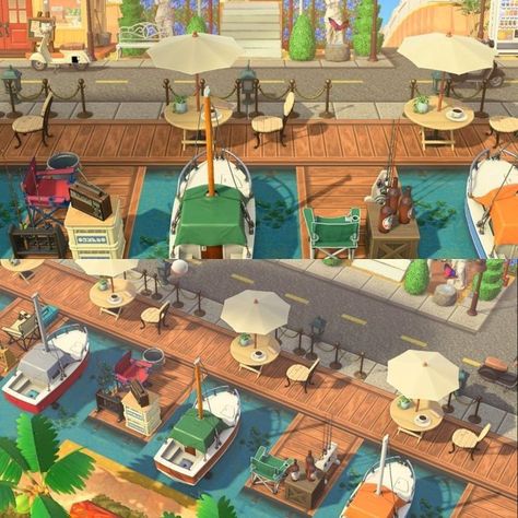 Animal Crossing Beach Boardwalk Code, Boardwalk Code Animal Crossing, Town Island Animal Crossing, Animal Crossing Town Aesthetic, Yatch Ideas Acnh, Pier Code Acnh, Acnh Harbour Ideas, Beach City Animal Crossing, Acnh Island Beach Ideas