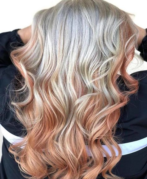 The Peachy Blonde Is The Perfect Light Hair Color For Fall Platinum Blonde Fall Hair, Fall Color Hair Blonde, Platinum Fall Hair Color, Blonde With Orange Peekaboo, Halloween Hair Color Ideas For Blondes, Blonde With Copper Peekaboo, Peekaboo Blonde Hair, Fun Fall Hair Colors For Blondes, Fun Hair Color Ideas For Blondes