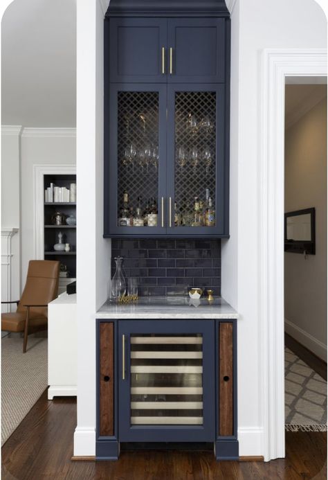 Harmony In Design, Small Bars For Home, Bar Nook, Coin Bar, Home Bar Rooms, Built In Bar, Large Kitchen Island, Home Bar Designs, Blue Cabinets