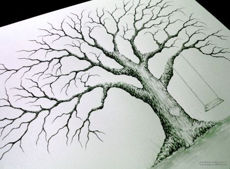 30 Beautiful Tree Drawings and creative Art Ideas from top artists Drawing A Tree, Oak Tree Drawings, Thumbprint Guest Books, Oak Tree Tattoo, Thumbprint Tree, Tree Sketch, Guest Book Tree, Family Tree Tattoo, Wedding Tree Guest Book