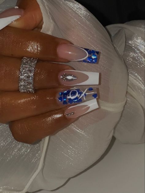 Royal Blue Prom Nails, Blue Wedding Nails, Blue Prom Nails, Blue French Tip, Prom Nail Designs, Royal Blue Nails, Gold Acrylic Nails, Blue French Tips, Blue Acrylic Nails