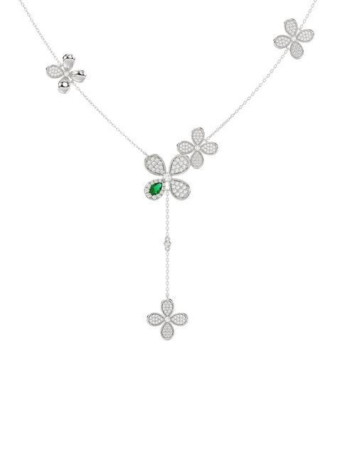 The Floral White Gold Y Necklace is an 18 karat white gold chain with a diamond and natural emerald four-leaf clover at its center. The delicate chain is blossoming with diamond-set flowers. Floral Diamond Necklace, Shifting Jewelry, Y Necklace Gold, Lightweight Jewellery, Delicate Diamond Necklace, Movie Jewelry, Flower Sculpture, Real Diamond Necklace, Diamond Jewelry Set