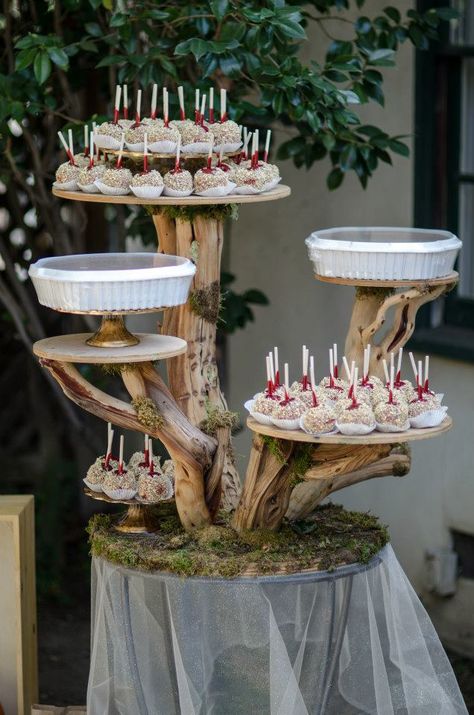 Right before the party started!  A cake stand made from branches and spray moss from The Flower Garden hosted candied apples and pumpkin pie. Diy Wedding Cake Stand, Cupcakes Decoration Diy, Cake Displays, Wedding Cake Display, Wedding Cake Stand, Deco Champetre, Diy Wedding Cake, Wedding Cake Stands, Tree Cakes