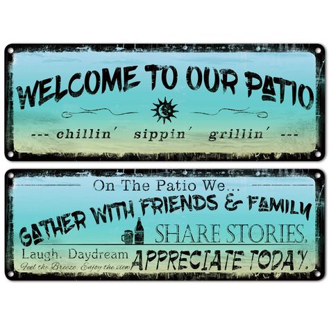 PRICES MAY VARY. A UNIQUE VINTAGE METAL PATIO SIGNS DECOR : Our patio signs are designed using a high resolution finished printing system. Each patio sign is created by baking enamelized ink into a tough, polyester coating on a thick, steel blank. Rich color, and fine detail. Perfect patio signs and decor outdoor signs to light up your Home. Bar. Office. Garage. Etc. WELCOME TO OUR PATIO & MAKE TIME TO RELAX : On the patio, we gather with friends & family. These outdoor patio signs decor send yo Tiki Signs, Patio Wall Decor, Beachfront Decor, Tiki Bar Decor, Patio Signs, Pool Outdoor, Patio Wall, Outdoor Backyard, Swimming Pool Designs