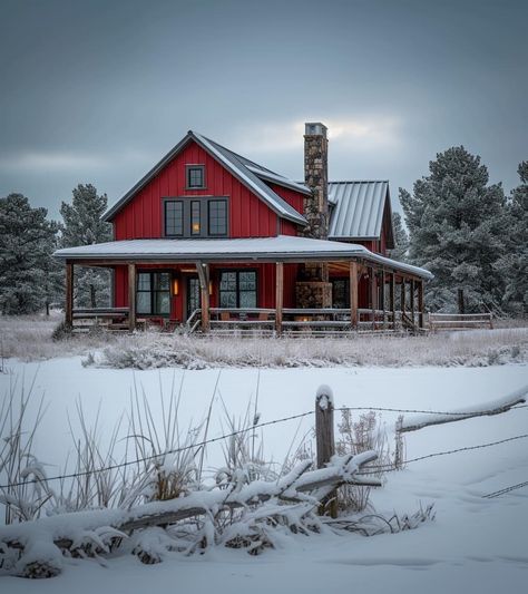 Small Western House Exterior, Barn Red House Exterior, Red Ranch House, Red Farmhouse Exterior, Red Siding House Exterior, Red Barndominium, Yellowstone House, Red Cabin, Mountain Home Exterior