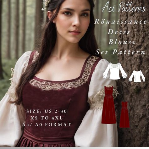 Renaissance Medieval Dress and Blouse Pattern ,Fairy,Regency,Maxi Dress,Halloween costume  Available as an instant download (pdf) sewing pattern bundle with a range of size options, including plus sizes ⭐US Sizes: 2, 4, 6, 8, 10, 12, 14, 16, 18, 20, 22, 24, 26, 28, 30 ⭐Standard Sizes: XS, S, M, L, XL, 2XL, 3XL, 4XL ⭐These patterns are suitable for A4, A0, and US Letter size papers. ⭐Once your payment is processed, you will automatically receive download links for the pattern files. Please note that you can only download the files from a computer; they will not work on a phone or iPad. ⭐This is a digital product. You will receive zip files containing the patterns and sewing instructions. ⭐Due to the nature of digital downloads, no refund, return, or exchange of the files is possible. Howeve Fantasy Dress Pattern, Dress And Blouse, Elven Dress, Sewing Instructions, Medieval Dress, Dress Halloween Costume, Halloween Dress, Blouse Pattern, Costume Halloween