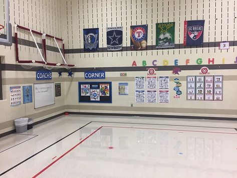 Physical Education Decorations, Pe Office Decor, Elementary Pe Gym Decorations, Elementary Gym Decorations, Pe Office Ideas, Pe Storage Ideas, Pe Gym Decorations, Pe Classroom Decor, Pe Teacher Office