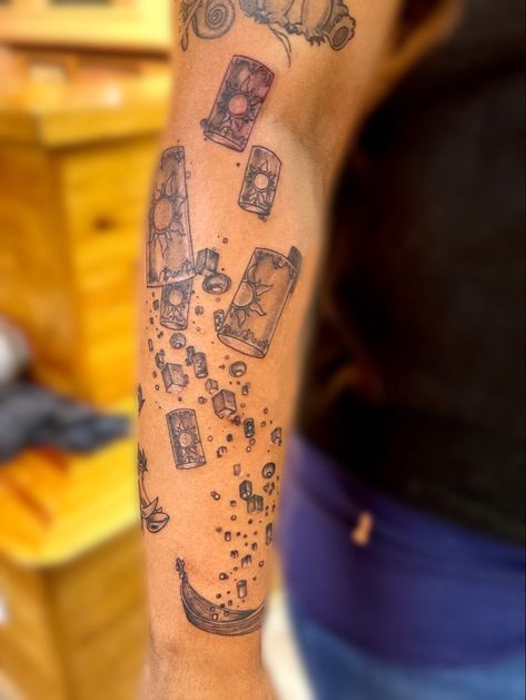 Tangled Sleeve Tattoo, Rapunzel Lantern Tattoo, Rapunzel Themed Tattoos, Repunzal Tattoos, Floating Lantern Tattoo, Repunzle Tattoo, Disney Tattoo Ideas Meaningful, Tangled Rapunzel Tattoo, Tangled Inspired Tattoo