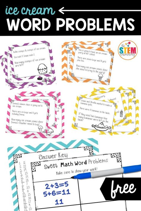 These ice cream word problems are perfect for getting first and second graders excited about math story problems! They are colored coded to differentiate between addition and subtraction. Perfect for math centers or small instructional math groups! #addition #subtraction #wordproblems #storyproblems Math Story Problems Kindergarten, Two Step Addition And Subtraction Word Problems, Story Problems Second Grade, Word Problems Second Grade, Word Problem Games, Math Calendar, Math Story Problems, Numbers Activities, Math Fact Games