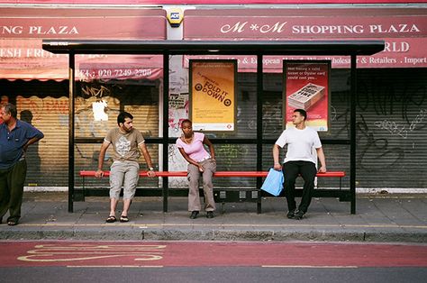 It's Nice That : London's dizzying diversity captured at the city's bus stops in a lovely project by Richard Hooker Bus Stop Design, Shot Film, A Level Photography, Bus Stops, Street Portrait, London Bus, Bus Station, Urban Life, Bus Stop