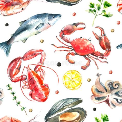 Set of seafood watercolor. stock images Seafood Watercolor, Procreate Ideas, Seven Fishes, Painting Fish, Watercolor Fish, Kawaii Illustration, Deep South, Food Illustration, Beach Signs