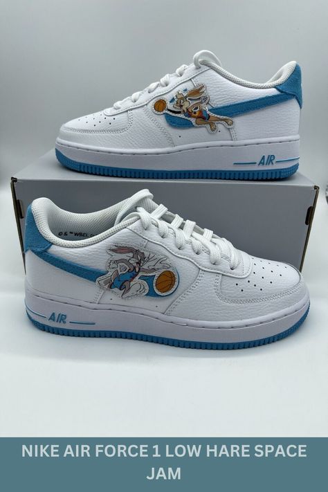 The Nike Air Force 1 Low Hare Space Jam references the Tune Squad’s team colors in its white tumbled leather upper with Light Blue Fury suede overlays. From there, graphics of Lola and Bugs Bunny appear on cut-out patches and woven tongue labels, completing the design. White Air Force Ones, High Top Air Force, Grey Tennis Shoes, Nike Air Flight, Nike React Vision, Nike Fashion Shoes, White Casual Shoes, Nike High Tops, Nike High