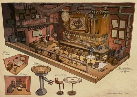 ArtStation - Steampunk Snow White - Bar Design Minecraft Lore, Steampunk Bar, Steampunk Rooms, Aesthetic Draw, Feng Zhu Design, Steampunk Interior, Interior Concept Art, Feng Zhu, Ideas Habitaciones