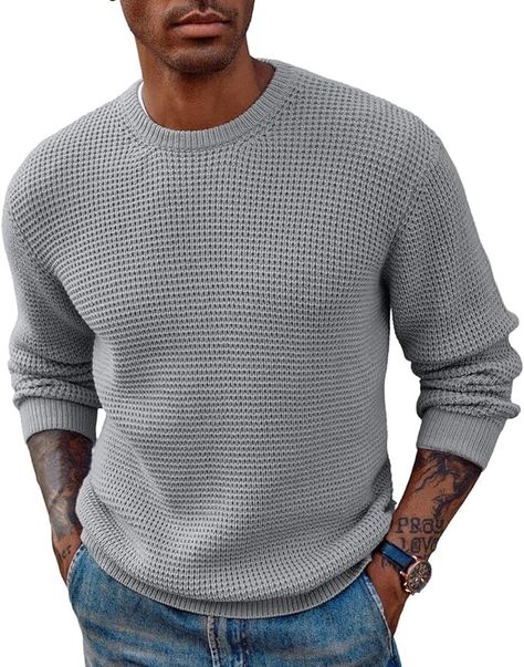 PJ PAUL JONES Crew Neck Sweater for Men Cable Knit Waffle Pullover Thermal Sweaters Grey L at Amazon Men’s Clothing store Italian Men Mafia, Pullover Sweater Men, Sweater For Men, Italian Men, Basic Design, Long Sleeve Pullover Sweater, Long Sleeve Knit Sweaters, Mens Vintage, Round Neck Sweaters