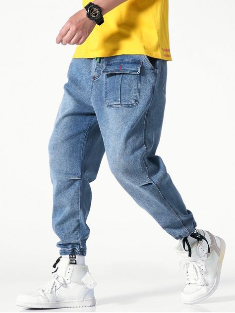 Drawstring Casual Jogger Jeans - Jeans Blue Xs #mensfashion #mensclothing #bottoms #clothing #clothes Trendy Denim, Fashion Bottoms, Boys Denim, Casual Joggers, Stylish Pants, Slim Denim, Pants Cotton, Denim Joggers, Patched Jeans