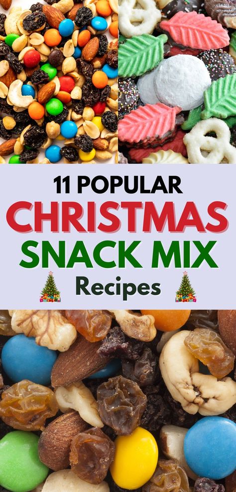 A colorful Christmas snack mix featuring a blend of holiday treats including chocolate candies, roasted nuts, raisins, and festive sugar cookies with green and red icing. Perfect for holiday parties or gifting, this mix offers a sweet and salty combination for the perfect seasonal treat. Ideal for easy-to-make Christmas snack mix ideas to enjoy with family and friends. Christmas Snack Mix Recipes, Christmas Snack Mix, Salty Sweet Snacks, Holiday Snack, Christmas Snack, Quick Treats, Savory Bites, Holiday Favorite Recipes, Snack Mix Recipes