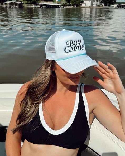 tag your boat captain 👨‍✈️ 💙 #kenzkustomz #boatcaptain #taptoshop Blue Trucker Hat, White Trucker Hat, Navy Embroidery, Lake Days, Lake Girl, Swim Season, Boat Pics, Custom Trucker Hats, Boat Captain