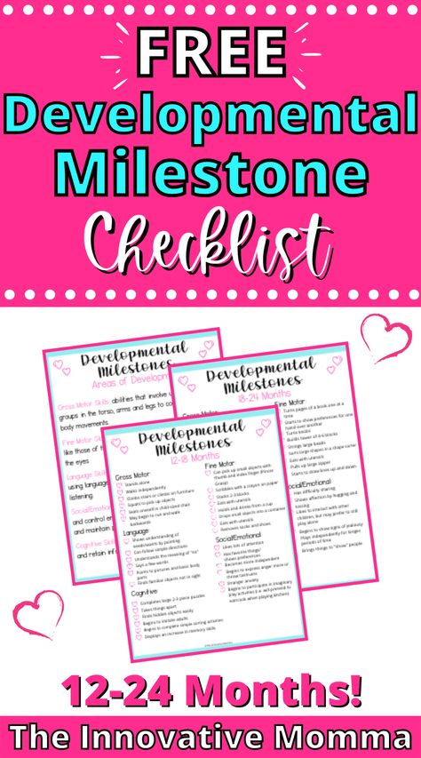 Looking for an easy way to know which developmental milestones your baby or toddler should be hitting? Download my FREE Developmental Milestone Checklist for your 12-24-month-old! This checklist covers the areas of fine motor skills, gross motor skills, language skills, social-emotional development, and cognitive skills! #developmentalmilestones #developmentalmilestonechecklist #toddlerdevelopment Fine Motor Developmental Milestones, 12 Month Old Development Milestones, Gross Motor Developmental Milestones, One Year Old Development Checklist, Toddler Development Milestones, Developmental Milestones Checklist, Developmental Milestones Toddlers, Nanny Tips, Preschool Forms