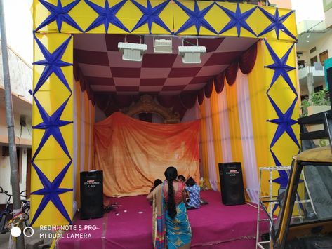 Ganapathi decoration Ganpati Tent Decoration, Ganapathi Mandapam Decoration, Ganesh Mandapam Decoration, Ganapathi Decoration, Mandapam Decoration, Mandap Decoration, Castle Backdrop, Durga Ji, Tent House