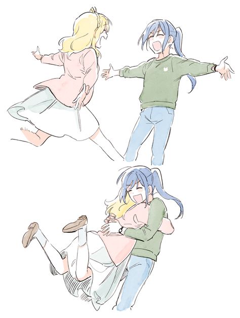 Best Friend Hug, Hug Pose, Hugging Drawing, Couple Poses Drawing, Anime Hug, Love Live Sunshine, Poses Drawing, Anime Friendship, Drawings Of Friends