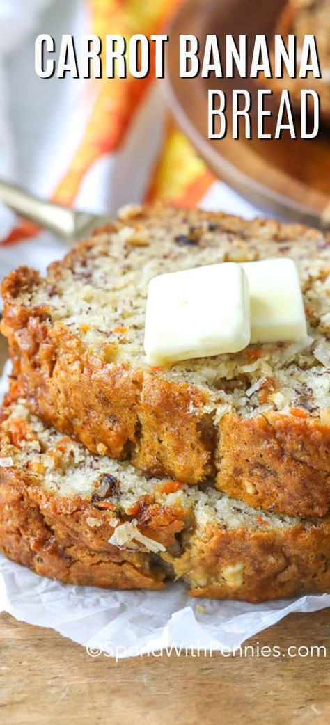 If you love banana bread and carrot cake then this simple homemade banana carrot bread is perfect for you. Made with a moist banana bread batter filled with shredded carrots, coconut, and walnuts this easy dessert is always a hit! #spendwithpennies #carrotbananabread #bananabread #quickbreads #dessert #breakfast Banana And Carrot Cake, Carrot Cake Banana Bread Recipe, Carrot Banana Bread, Banana Carrot Bread, Carrot Bread Recipe, Carrot Dishes, Carrot Banana Cake, Carrot Bread, Lemon Blueberry Bread