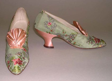 Evening slippers Designer: I. Miller (American, founded 1911) Date: early 20th century Culture: American Medium: silk, leather 1700s Shoes Women, Regency Era Shoes, 19th Century Shoes, 1800s Shoes, Regency Shoes, Rococo Shoes, 18th Century Shoes, Italian Heels, Bata Shoes