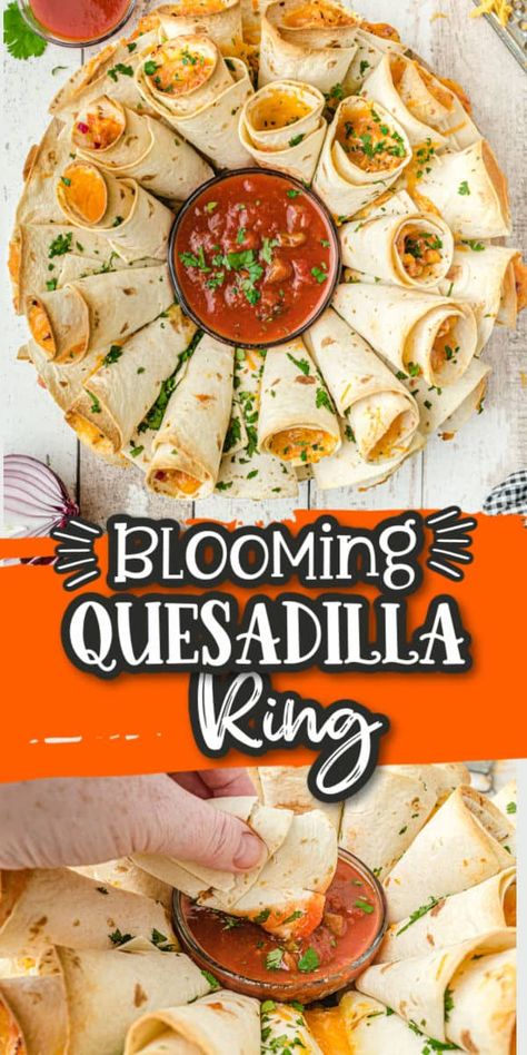 Impress your guests with this Blooming Quesadilla Ring! Quesadillas are a great appetizer and dinner recipe, but a quesadilla ring takes this easy, crowd-pleasing recipe to a whole new level! Using tortilla shells that are cut in half, filled with chicken and cheese, and rolled up, then, placed in a giant ring. This pull-apart appetizer is always a fan favorite! Appetizers Using Tortillas, Baked Tortilla Roll Ups, Taco Shells Recipe, Tortillas Appetizers, Tortilla Roll Ups Appetizers, Blooming Quesadilla Ring, Blooming Quesadilla, Quesadilla Ring, Shell Recipes