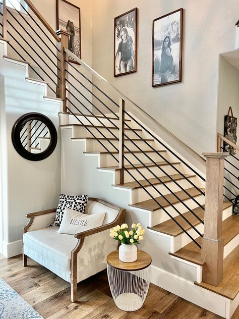 Cable Railing Stairs, Stairs Victorian, Mediterranean Stairs, Bookshelf Stairs, Stairs Farmhouse, Beach House Stairs, Baluster Design, Craftsman Stairs, Floating Steps