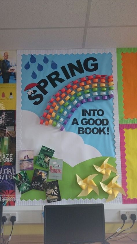 Spring into a good book :) Spring Into A Good Book Bulletin Board, Spring Library Book Displays, April Library Bulletin Board Ideas, Spring Library Bulletin Board Ideas, Spring Library Displays, Spring Library, Book Bulletin Board, School Library Bulletin Boards, Hallway Decorations