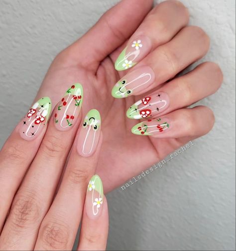 Pink Flower Nails, Cute Simple Nails, Cherry Nails, Pink Gel, Nail Designs Spring, Nail Polishes, Nail Accessories, Flower Nails, Almond Nails