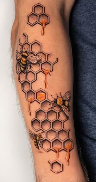 Bees Tattoo, Hexagon Tattoo, Bee Tattoos, Honey Bee Tattoo, Honeycomb Tattoo, 42 Tattoo, Tattoo Me, Dope Tattoos For Women, Knee Tattoo