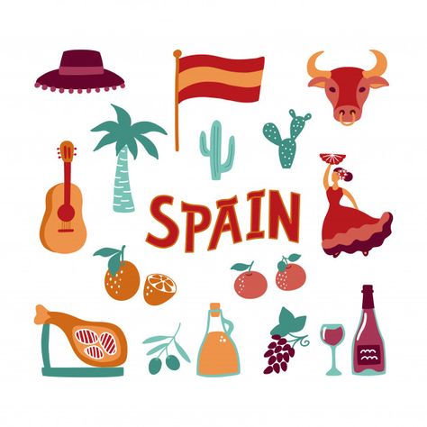 Collection hand drawn symbols of spain. Premium Vector Spain Graphic Design, Spain Symbols, Spanish Symbols, Spain Scrapbook, Cultural Drawing, Spanish Drawings, Spain Illustration, Spain Drawing, Spain Postcard