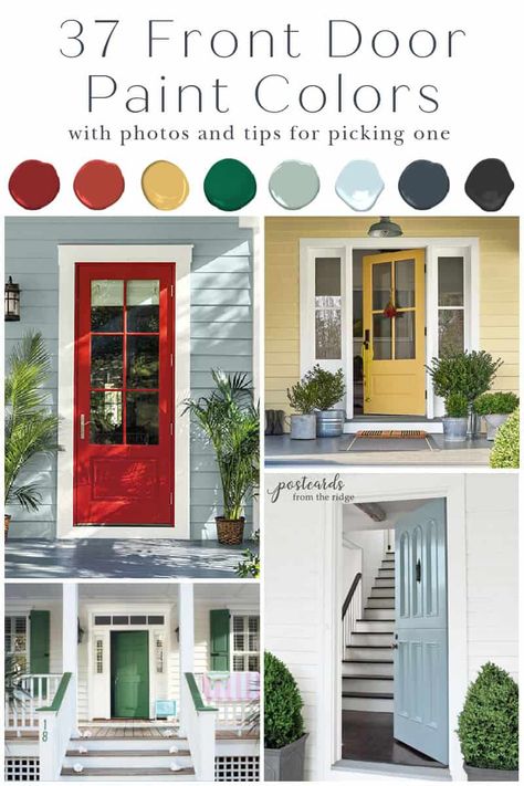 37 Front Door Paint Colors and how to pick one - Postcards from the Ridge Colonial Front Door Colors, Farmhouse Door Colors Exterior Paint, Painted Doors Exterior, Bronze Front Door Paint, Front Door Colors Brown Brick, Front Door Paint Colors 2023, Painting Front Doors Ideas, Front Door Colors White House Black Trim, Coloured Front Door White House