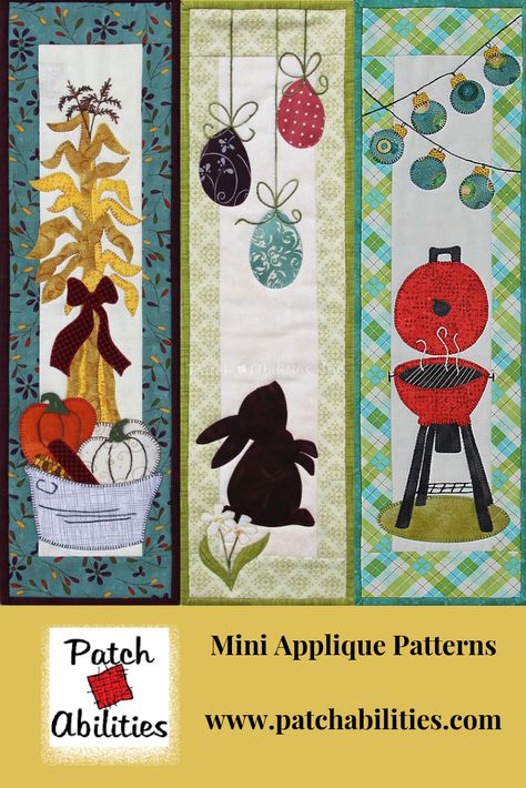 These applique patterns include complete quilting and binding instructions as well as frustration-free tracing templates for fusible applique. It's the PERFECT one-day quilting project for any skill level-especially beginner quilters! #patchabilities #miniquilt #applique #quilting #sew #sewing #quiltpatterns #quilting #quilt #quiltpatterns #patterns Patchabilities Wall Hangings, Mini Quilts Patterns Free Wall Hangings, Quilted Wall Hangings Patterns Free, Quilted Wall Hangings Patterns, Seasonal Wall Hangings, Applique Projects, Small Quilt Projects, Patchwork Quilting Designs, Quilted Projects