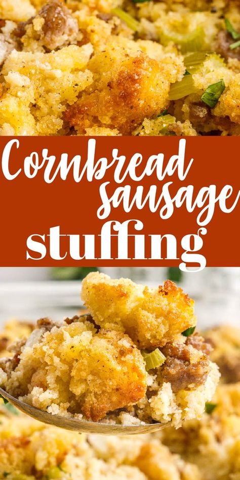 This cornbread sausage stuffing is a great holiday meal, but it's easy enough to whip up on weeknights too. Made with buttery cornbread, herbs, spices, and veggies, and tied together with the flavor of Italian sausage. Cornbread Stuffing Casserole, Sausage Stuffing Thanksgiving, Cornbread Sausage Stuffing, Homemade Stuffing Recipes, Buttery Cornbread, Cornbread Stuffing Recipes, Sausage Cornbread Stuffing, Sausage Stuffing Recipe, Dressing Recipes Thanksgiving