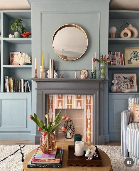 Lounge Decor Fireplace, Victorian Style Living Room Modern, Victorian Blue Living Room, Victorian Terrace Fireplace, Two Up Two Down Terrace Interior, Fireplace Colour Ideas, Victorian House Interiors Living Room, British Decor Interior Design, Light Victorian Living Room