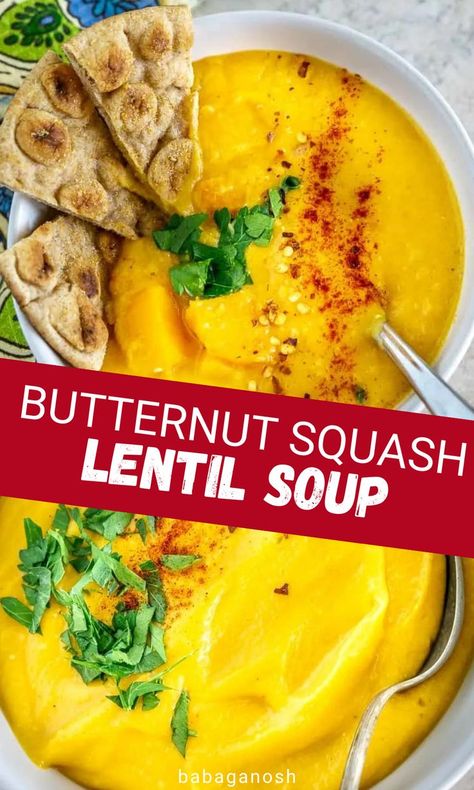 Smooth and creamy pureed lentil butternut squash soup. Butternut Squash Lentil Soup, Squash Lentil Soup, Recipe Using Butternut Squash, Butternut Squash Lentil, Vegan Butternut Squash Soup, Red Split Lentils, Healthy Butternut Squash, Butternut Soup, Butternut Squash Puree