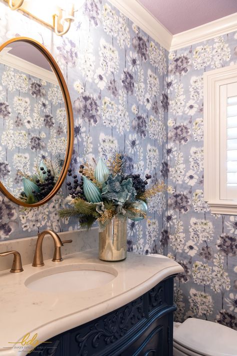 Hydrangea Powder Room, Grandmillenial Guest Bathroom, Striped Powder Room, Grand Millennial Bathroom, Hydrangea Bathroom, Blue Wallpaper Bathroom, Room With Gold Accents, Dallas Christmas, Blue Powder Room