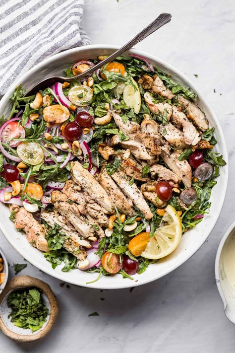 Easy Arugula Chicken Salad with Grapes Arugula Chicken, Watermelon Basil Salad, Paleo Mayonnaise, Juicy Grilled Chicken, Salad With Grapes, Salad With Grilled Chicken, Chicken Salad With Grapes, Greek Chicken Salad, Romaine Salad