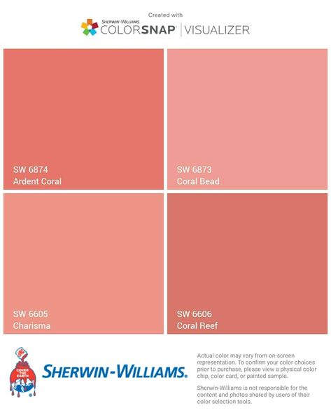 I just created this color palette with the Sherwin-Williams ColorSnap® Visualizer app on my Android phone. What do you think? You can learn more about ColorSnap Visualizer and get it on your phone free by visiting http://getcolorsnap.com. Sw Coral Paint Colors, Coral Pink Paint Colors, Coral Ceiling, Sherwin Williams Coral Colors, Orange Pink Paint Color, Coral Paint Colors Sherwin Williams, Best Coral Paint Color, Sherwin Williams Paint Coral Island, Sherwin Williams Dishy Coral